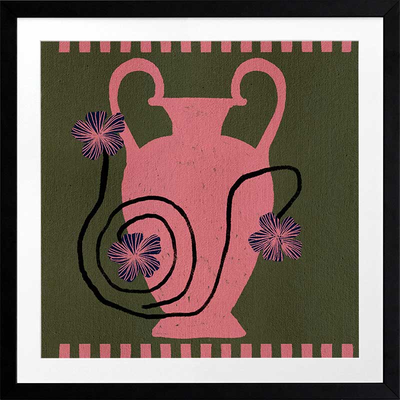 Playful floral artwork featuring a pink Grecian-style vase with loosely drawn black stems and purple blooms on an olive-green background, from the Shatha collection with Urban Road.