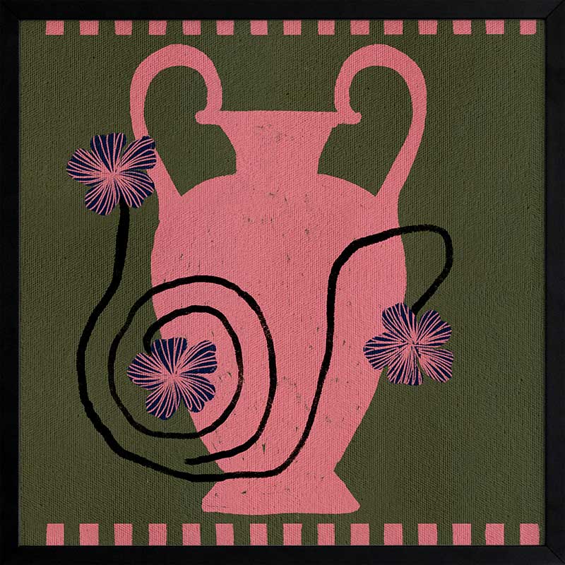Playful floral artwork featuring a pink Grecian-style vase with loosely drawn black stems and purple blooms on an olive-green background, from the Shatha collection with Urban Road.
