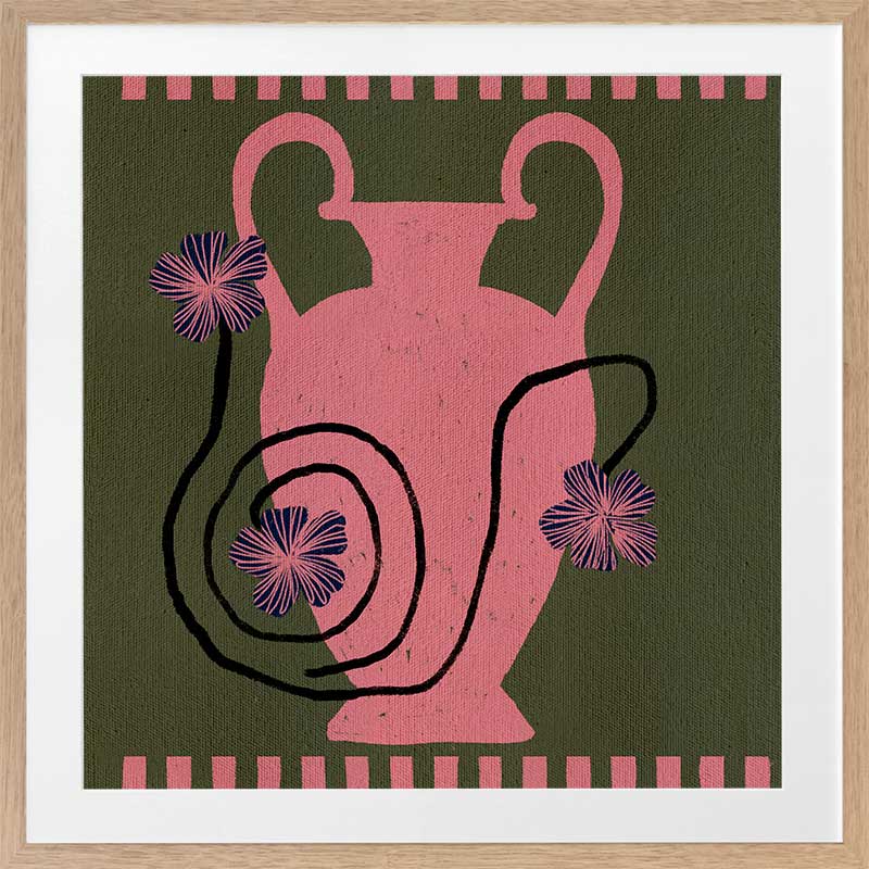Playful floral artwork featuring a pink Grecian-style vase with loosely drawn black stems and purple blooms on an olive-green background, from the Shatha collection with Urban Road.