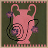 Playful floral artwork featuring a pink Grecian-style vase with loosely drawn black stems and purple blooms on an olive-green background, from the Shatha collection with Urban Road.