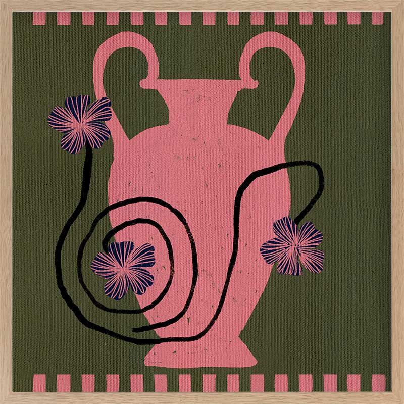 Playful floral artwork featuring a pink Grecian-style vase with loosely drawn black stems and purple blooms on an olive-green background, from the Shatha collection with Urban Road.