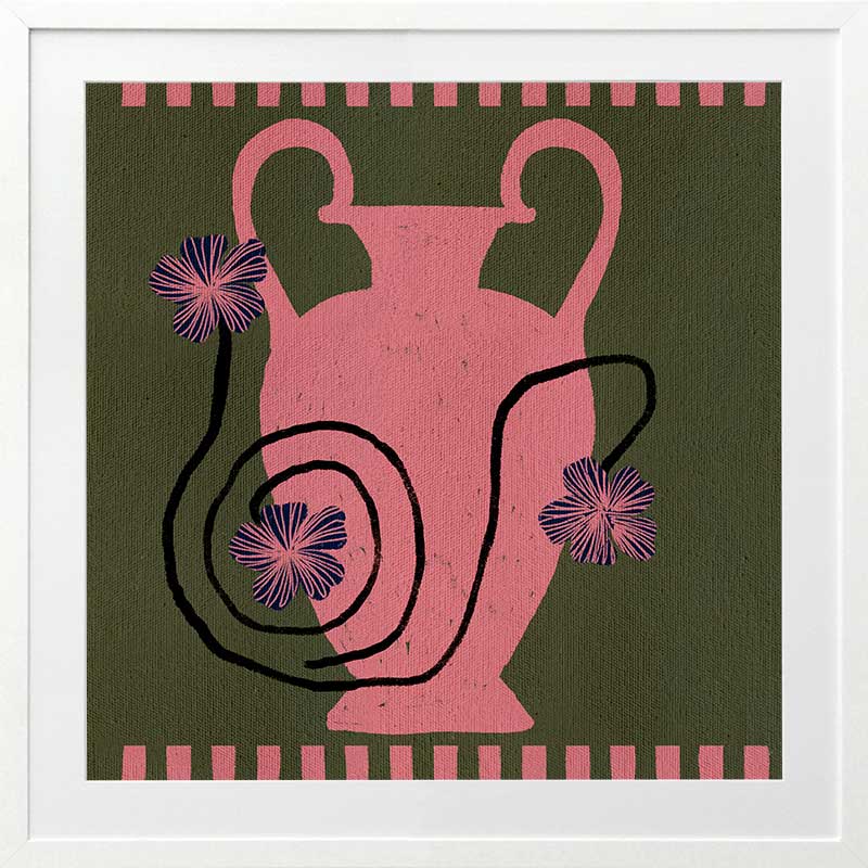 Playful floral artwork featuring a pink Grecian-style vase with loosely drawn black stems and purple blooms on an olive-green background, from the Shatha collection with Urban Road.