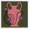 Playful floral artwork featuring a pink Grecian-style vase with loosely drawn black stems and purple blooms on an olive-green background, from the Shatha collection with Urban Road.