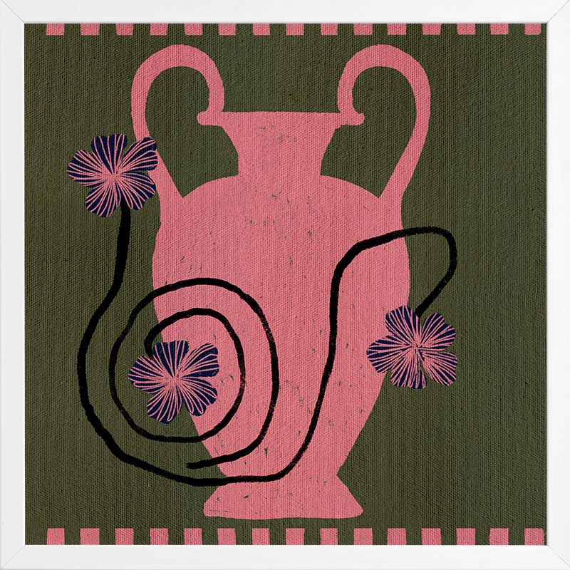 Playful floral artwork featuring a pink Grecian-style vase with loosely drawn black stems and purple blooms on an olive-green background, from the Shatha collection with Urban Road.