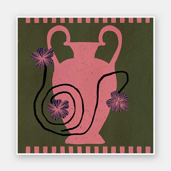 Playful floral artwork featuring a pink Grecian-style vase with loosely drawn black stems and purple blooms on an olive-green background, from the Shatha collection with Urban Road.