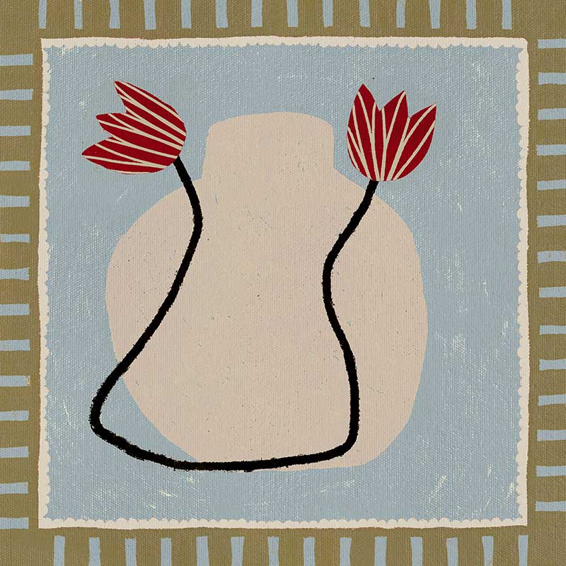 Light and airy composition of a cream vase with red blooms on a pale blue backdrop with striped green borders, from the Shatha collection with Urban Road.