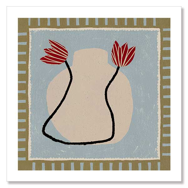 Light and airy composition of a cream vase with red blooms on a pale blue backdrop with striped green borders, from the Shatha collection with Urban Road.