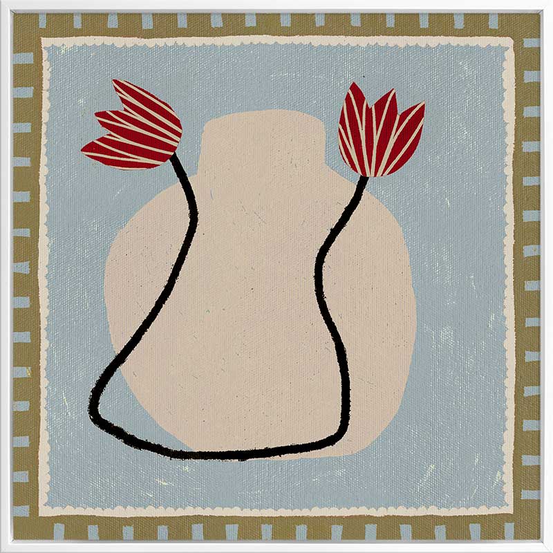 Light and airy composition of a cream vase with red blooms on a pale blue backdrop with striped green borders, from the Shatha collection with Urban Road.