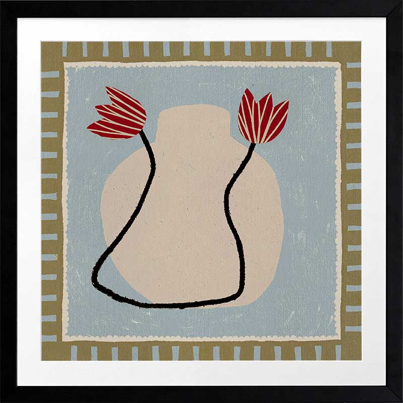 Light and airy composition of a cream vase with red blooms on a pale blue backdrop with striped green borders, from the Shatha collection with Urban Road.