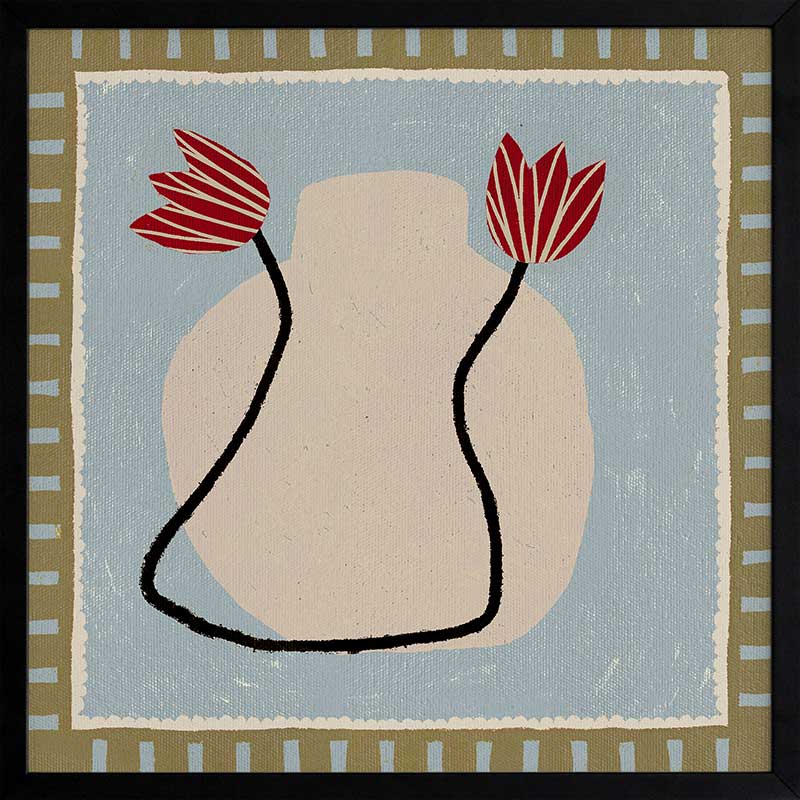 Light and airy composition of a cream vase with red blooms on a pale blue backdrop with striped green borders, from the Shatha collection with Urban Road.