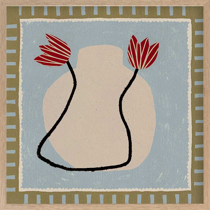 Light and airy composition of a cream vase with red blooms on a pale blue backdrop with striped green borders, from the Shatha collection with Urban Road.