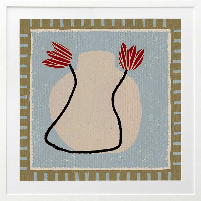 Light and airy composition of a cream vase with red blooms on a pale blue backdrop with striped green borders, from the Shatha collection with Urban Road.