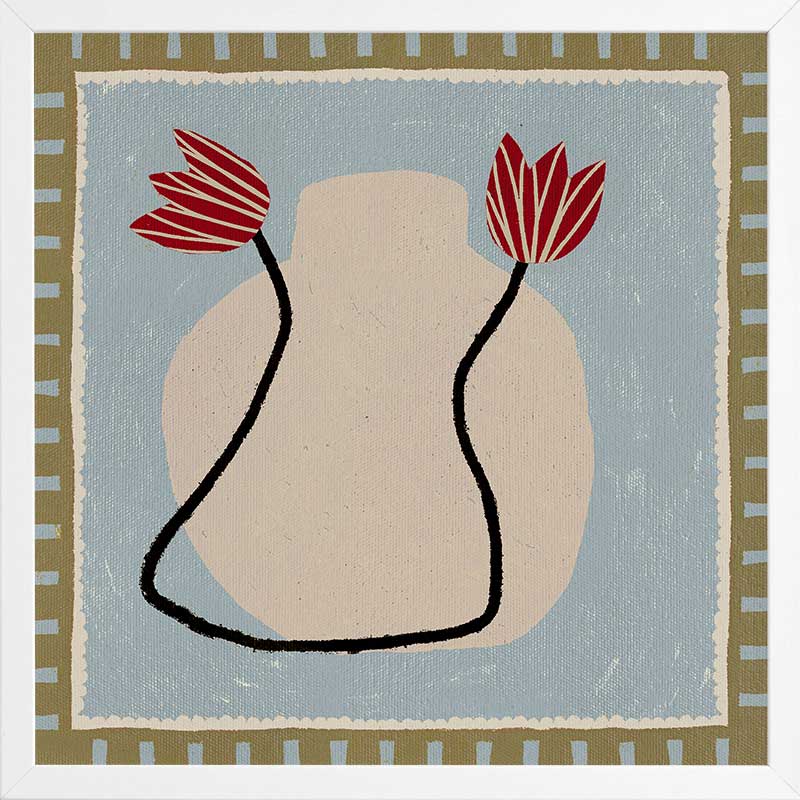 Light and airy composition of a cream vase with red blooms on a pale blue backdrop with striped green borders, from the Shatha collection with Urban Road.