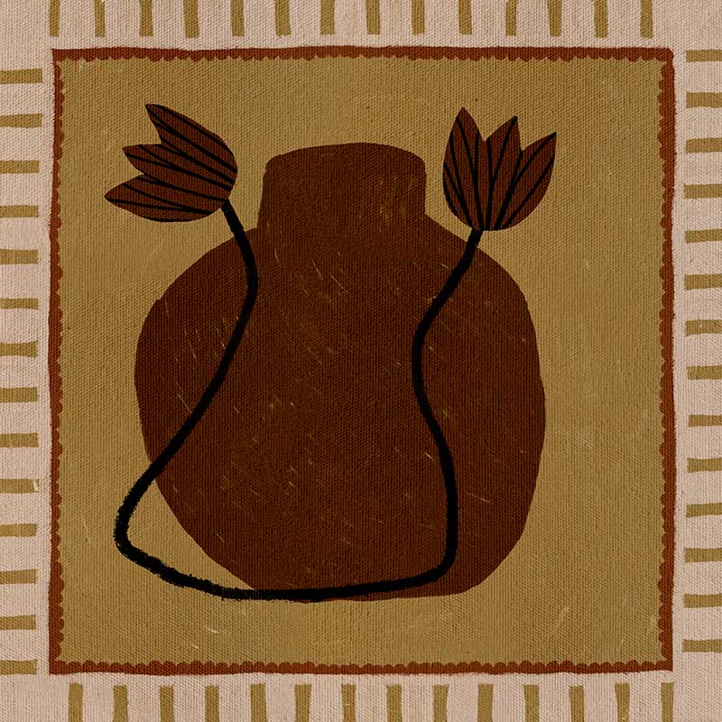 Warm-toned artwork with a deep brown vase and abstract floral stems against a mustard background with striped borders, from the Shatha collection with Urban Road.
