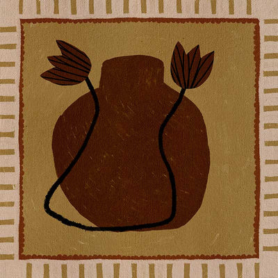 Warm-toned artwork with a deep brown vase and abstract floral stems against a mustard background with striped borders, from the Shatha collection with Urban Road.