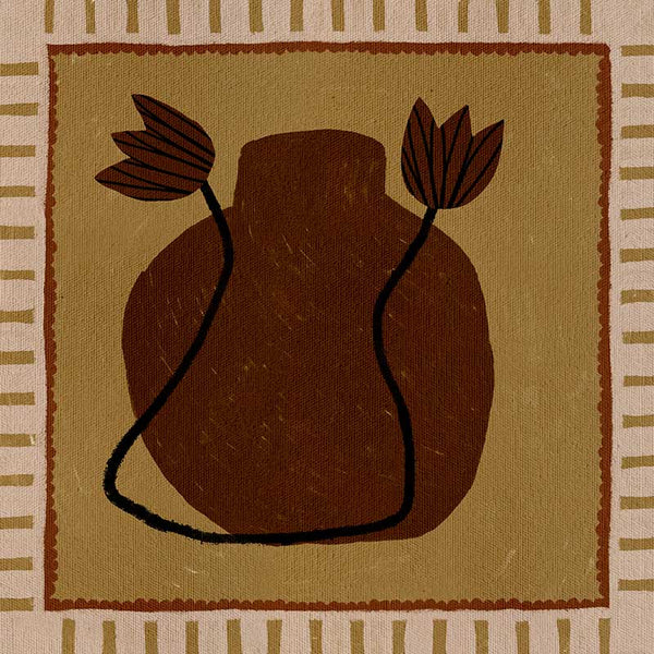 Warm-toned artwork with a deep brown vase and abstract floral stems against a mustard background with striped borders, from the Shatha collection with Urban Road.