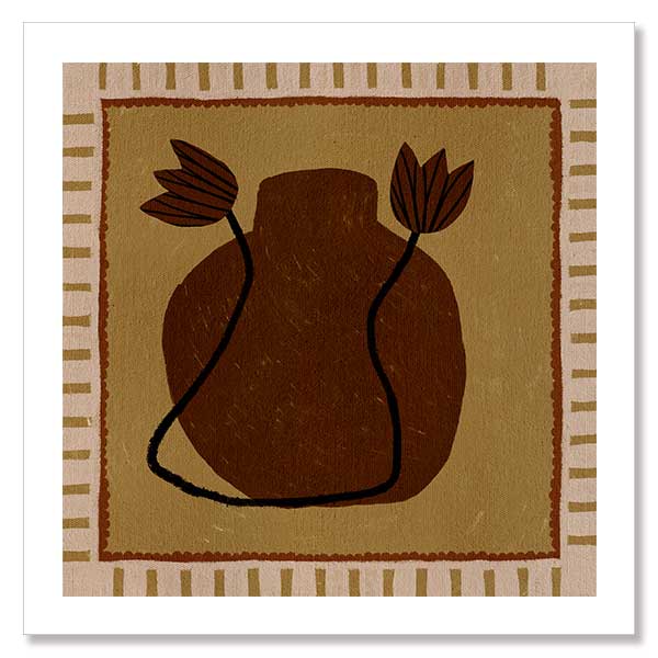 Warm-toned artwork with a deep brown vase and abstract floral stems against a mustard background with striped borders, from the Shatha collection with Urban Road.