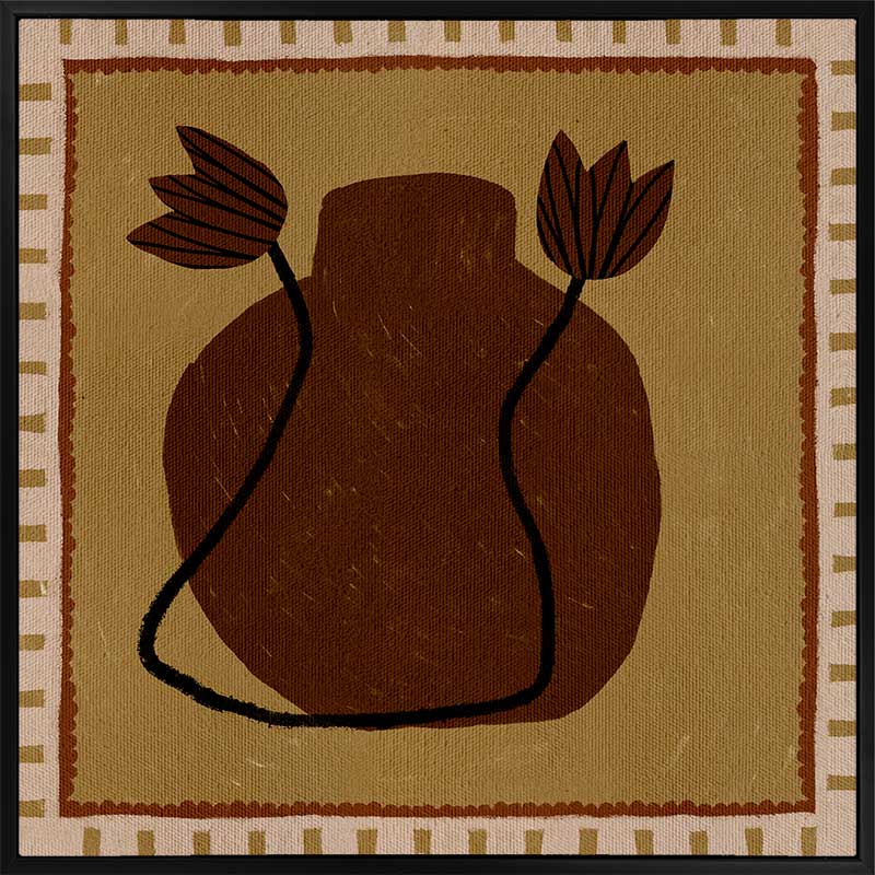Warm-toned artwork with a deep brown vase and abstract floral stems against a mustard background with striped borders, from the Shatha collection with Urban Road.
