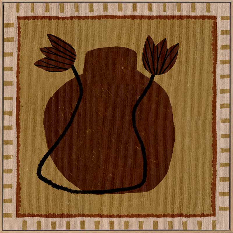 Warm-toned artwork with a deep brown vase and abstract floral stems against a mustard background with striped borders, from the Shatha collection with Urban Road.