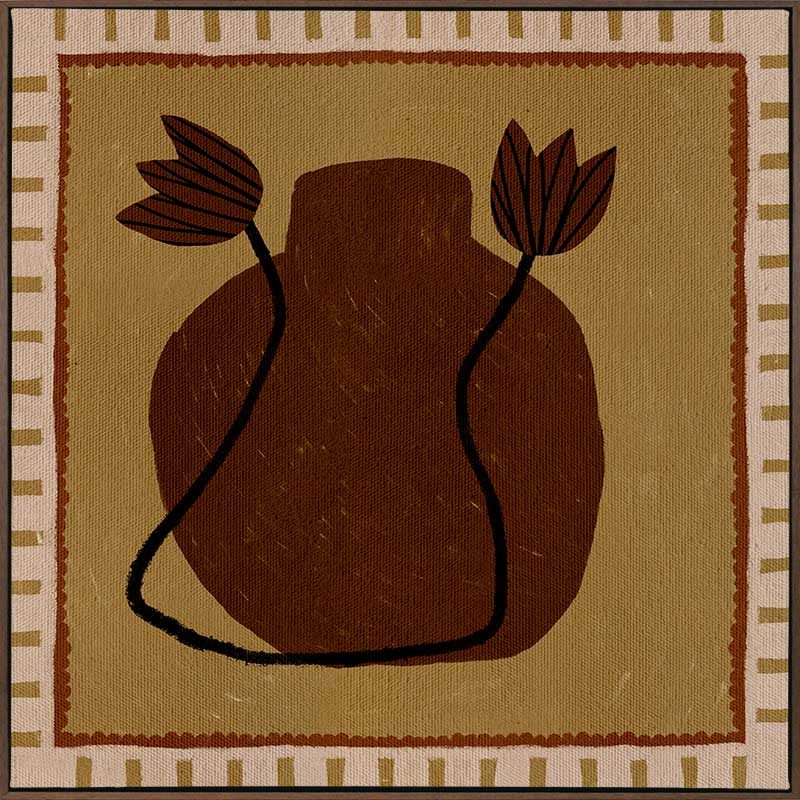 Warm-toned artwork with a deep brown vase and abstract floral stems against a mustard background with striped borders, from the Shatha collection with Urban Road.