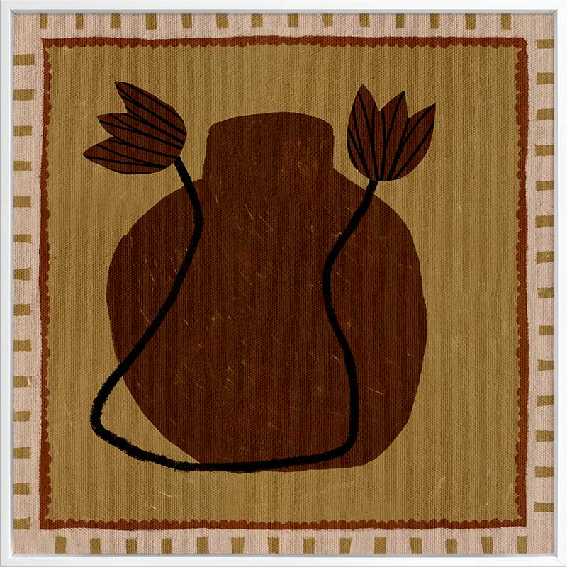 Warm-toned artwork with a deep brown vase and abstract floral stems against a mustard background with striped borders, from the Shatha collection with Urban Road.