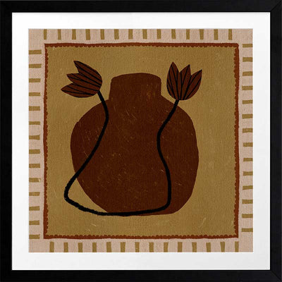 Warm-toned artwork with a deep brown vase and abstract floral stems against a mustard background with striped borders, from the Shatha collection with Urban Road.