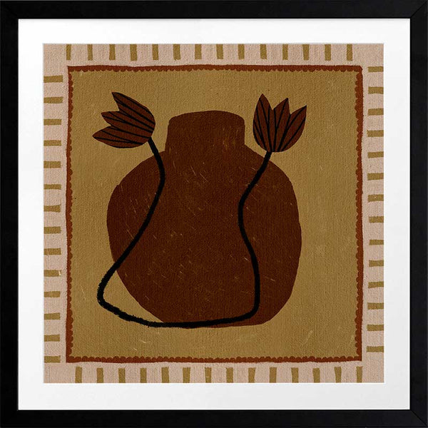 Warm-toned artwork with a deep brown vase and abstract floral stems against a mustard background with striped borders, from the Shatha collection with Urban Road.