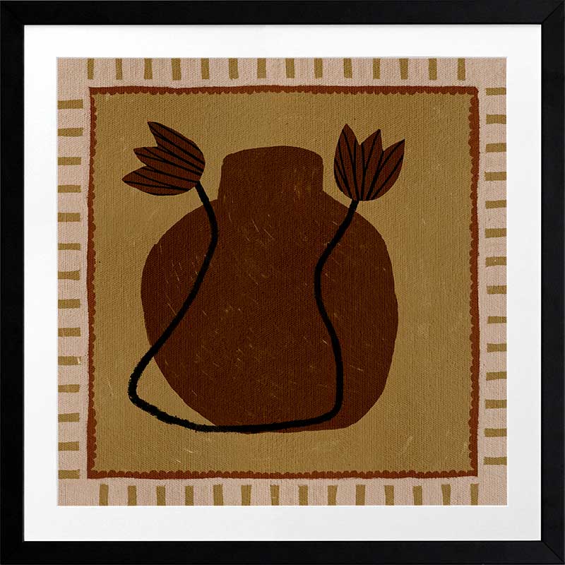 Warm-toned artwork with a deep brown vase and abstract floral stems against a mustard background with striped borders, from the Shatha collection with Urban Road.