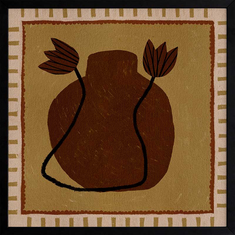 Warm-toned artwork with a deep brown vase and abstract floral stems against a mustard background with striped borders, from the Shatha collection with Urban Road.