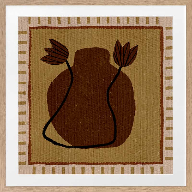 Warm-toned artwork with a deep brown vase and abstract floral stems against a mustard background with striped borders, from the Shatha collection with Urban Road.