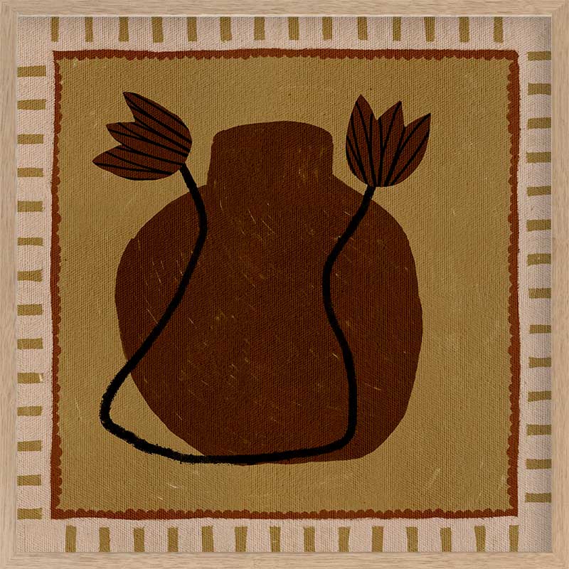 Warm-toned artwork with a deep brown vase and abstract floral stems against a mustard background with striped borders, from the Shatha collection with Urban Road.