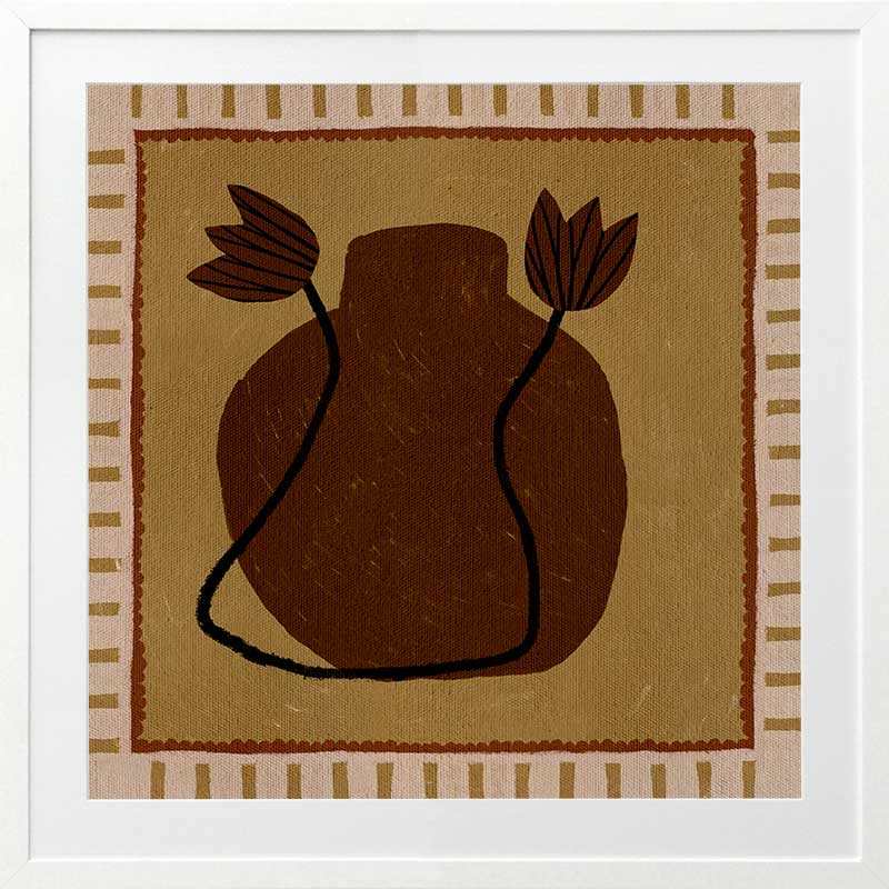 Warm-toned artwork with a deep brown vase and abstract floral stems against a mustard background with striped borders, from the Shatha collection with Urban Road.