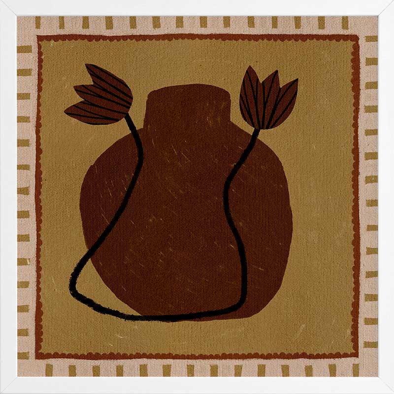 Warm-toned artwork with a deep brown vase and abstract floral stems against a mustard background with striped borders, from the Shatha collection with Urban Road.
