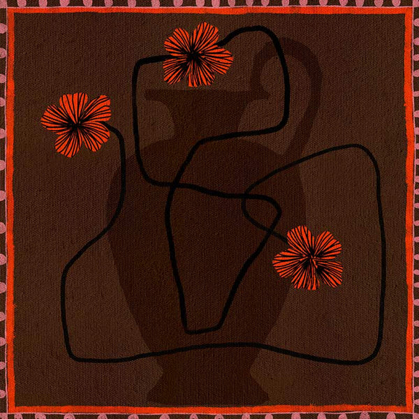 Bold abstract floral piece with overlapping vase forms in dark chocolate hues, accented with vivid red flowers and a patterned red border, from the Shatha collection with Urban Road.