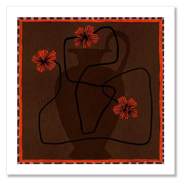Bold abstract floral piece with overlapping vase forms in dark chocolate hues, accented with vivid red flowers and a patterned red border, from the Shatha collection with Urban Road.