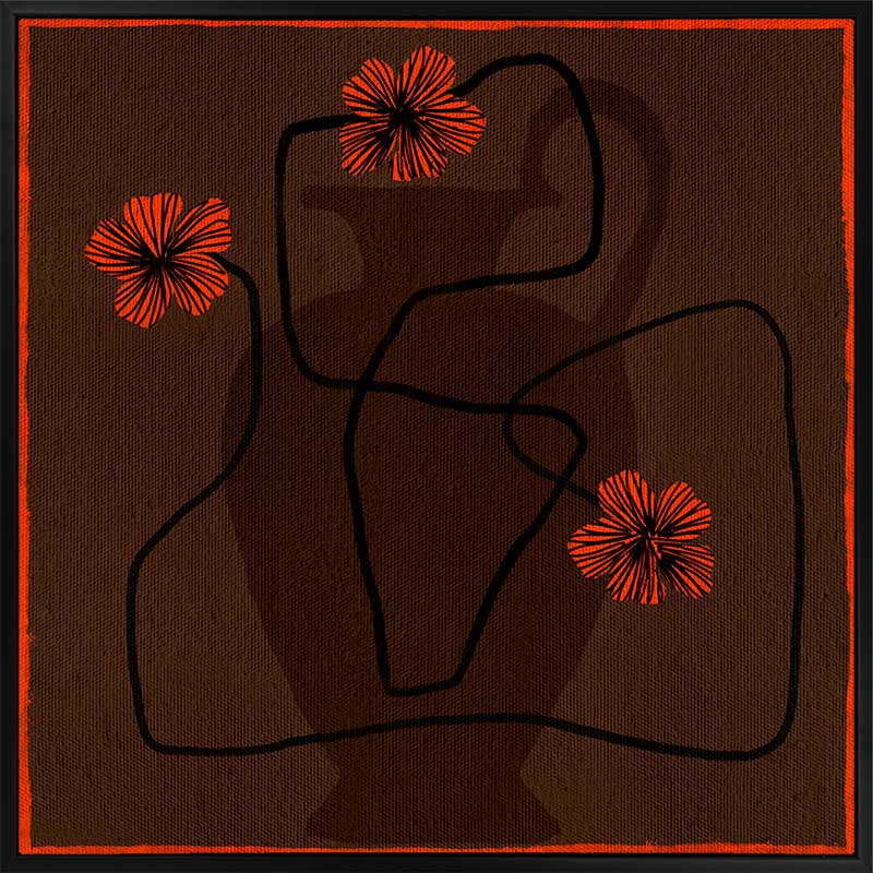 Bold abstract floral piece with overlapping vase forms in dark chocolate hues, accented with vivid red flowers and a patterned red border, from the Shatha collection with Urban Road.