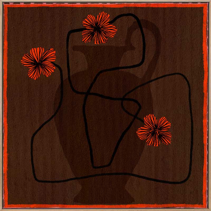 Bold abstract floral piece with overlapping vase forms in dark chocolate hues, accented with vivid red flowers and a patterned red border, from the Shatha collection with Urban Road.