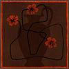 Bold abstract floral piece with overlapping vase forms in dark chocolate hues, accented with vivid red flowers and a patterned red border, from the Shatha collection with Urban Road.