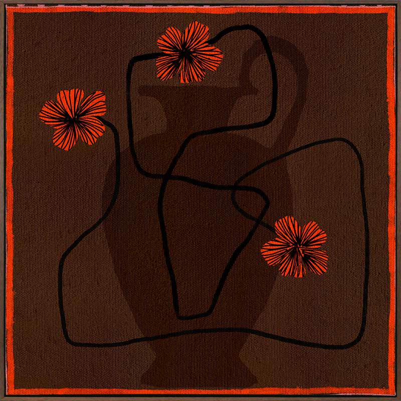 Bold abstract floral piece with overlapping vase forms in dark chocolate hues, accented with vivid red flowers and a patterned red border, from the Shatha collection with Urban Road.