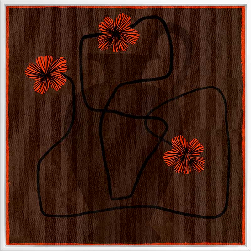 Bold abstract floral piece with overlapping vase forms in dark chocolate hues, accented with vivid red flowers and a patterned red border, from the Shatha collection with Urban Road.