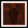 Bold abstract floral piece with overlapping vase forms in dark chocolate hues, accented with vivid red flowers and a patterned red border, from the Shatha collection with Urban Road.