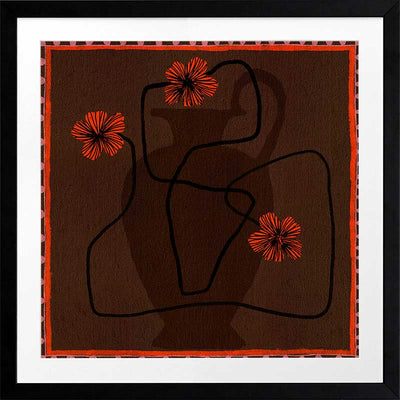Bold abstract floral piece with overlapping vase forms in dark chocolate hues, accented with vivid red flowers and a patterned red border, from the Shatha collection with Urban Road.