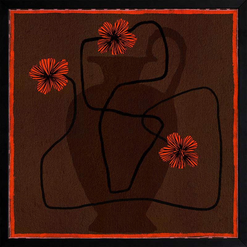 Bold abstract floral piece with overlapping vase forms in dark chocolate hues, accented with vivid red flowers and a patterned red border, from the Shatha collection with Urban Road.