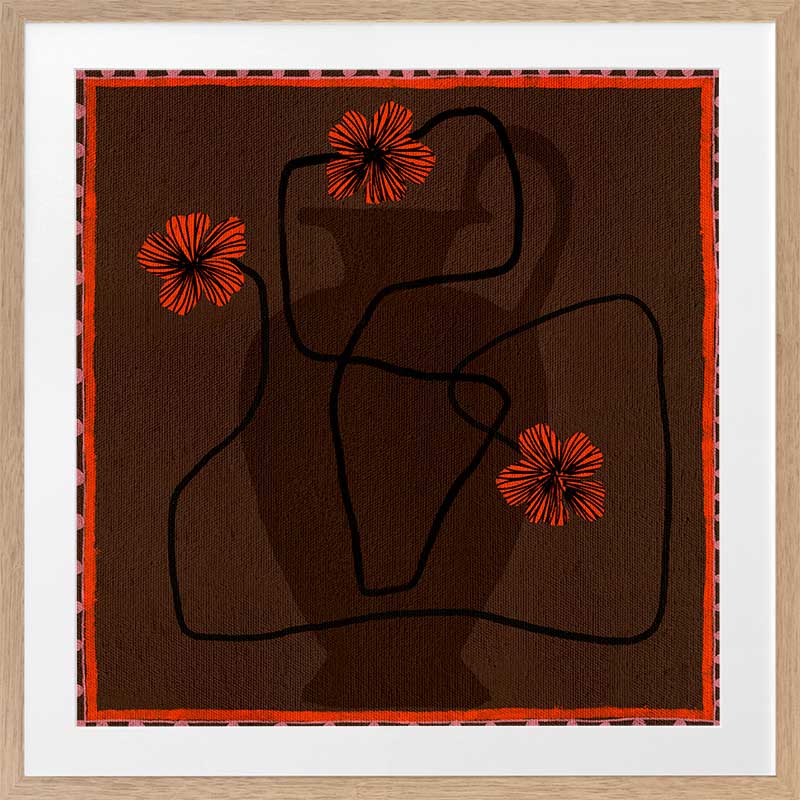 Bold abstract floral piece with overlapping vase forms in dark chocolate hues, accented with vivid red flowers and a patterned red border, from the Shatha collection with Urban Road.
