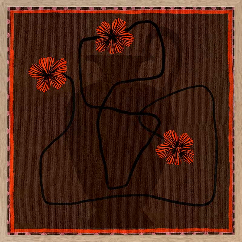 Bold abstract floral piece with overlapping vase forms in dark chocolate hues, accented with vivid red flowers and a patterned red border, from the Shatha collection with Urban Road.