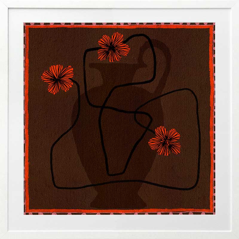 Bold abstract floral piece with overlapping vase forms in dark chocolate hues, accented with vivid red flowers and a patterned red border, from the Shatha collection with Urban Road.