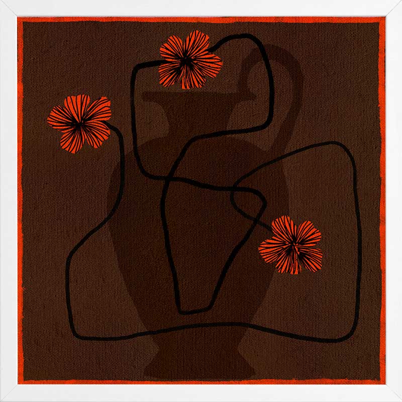 Bold abstract floral piece with overlapping vase forms in dark chocolate hues, accented with vivid red flowers and a patterned red border, from the Shatha collection with Urban Road.