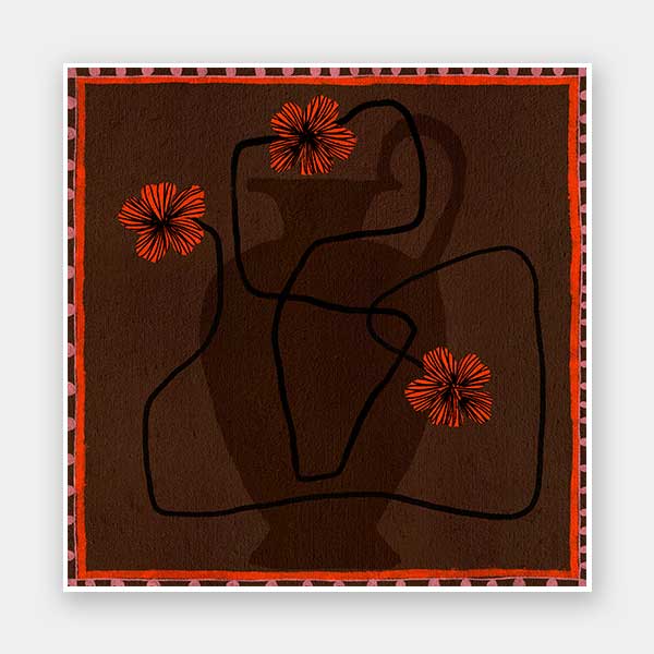Bold abstract floral piece with overlapping vase forms in dark chocolate hues, accented with vivid red flowers and a patterned red border, from the Shatha collection with Urban Road.
