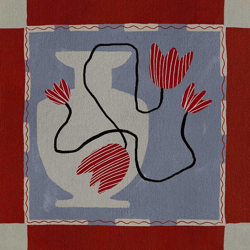 Whimsical design featuring expressive red blooms on black stems over a patchwork-style blue and red backdrop, from the Shatha collection with Urban Road.