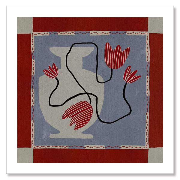 Whimsical design featuring expressive red blooms on black stems over a patchwork-style blue and red backdrop, from the Shatha collection with Urban Road.